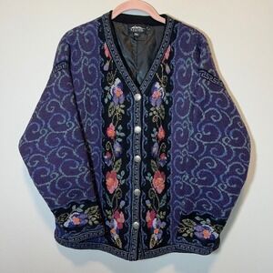 Icelandic‎ Design Vintage Wool Floral Embroidered Cardigan Lined Purple Black M
